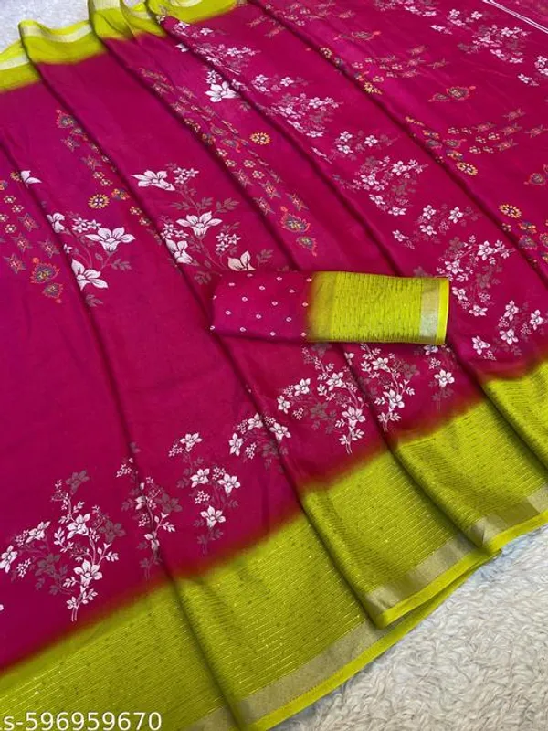 Pink_New_Arrival_Pink_Floral_Saree_With_Green_Contrast_Sequin_Border_Designer_Party_Wear_Saree_With_Matching_Blouse_Festive_Wedding_Saree_For_Women