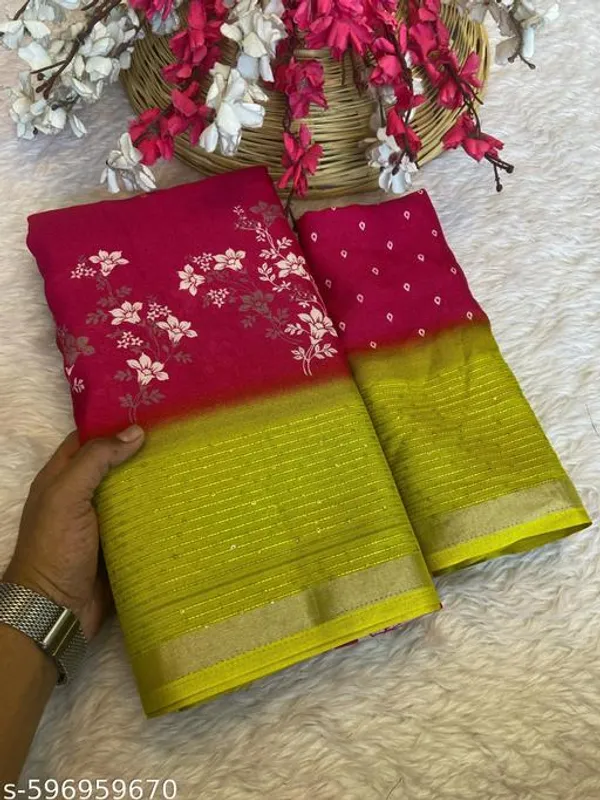 Pink_New_Arrival_Pink_Floral_Saree_With_Green_Contrast_Sequin_Border_Designer_Party_Wear_Saree_With_Matching_Blouse_Festive_Wedding_Saree_For_Women