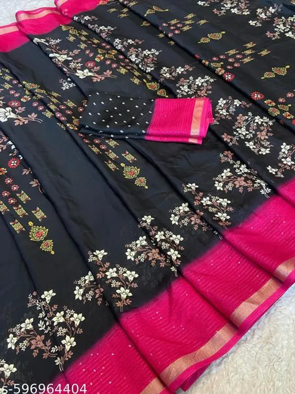 Green_Marshmallow_Silk_Floral_Printed_Saree_With_Contrast_Border_Black_Saree_With_Pink_Border_Party_Daily_Wear_Saree