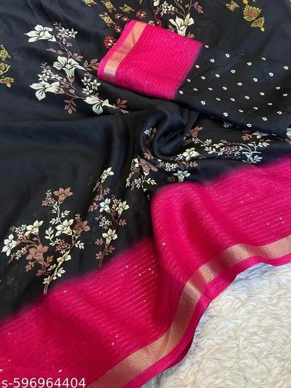 Green_Marshmallow_Silk_Floral_Printed_Saree_With_Contrast_Border_Black_Saree_With_Pink_Border_Party_Daily_Wear_Saree