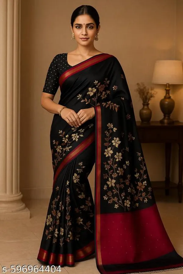 Green_Marshmallow_Silk_Floral_Printed_Saree_With_Contrast_Border_Black_Saree_With_Pink_Border_Party_Daily_Wear_Saree