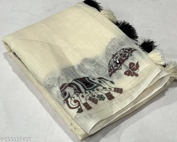 White_Soft_Linen_Cotton_Saree_With_Mirror_Aari_Work_Contrast_Blouse_Ethnic_Printed_Festive_Party_Wear_Saree_For_Women