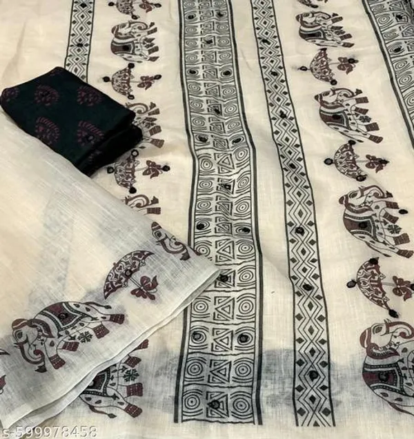 White_Soft_Linen_Cotton_Saree_With_Mirror_Aari_Work_Contrast_Blouse_Ethnic_Printed_Festive_Party_Wear_Saree_For_Women