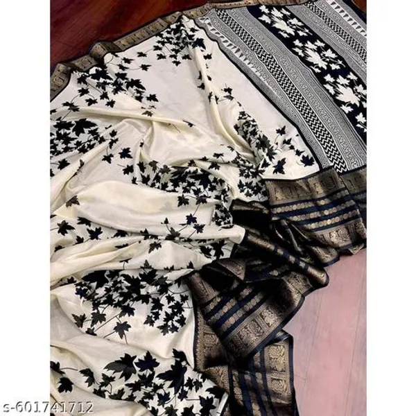 Multicolor_Soft_Silk_Blend_Floral_Printed_Saree_With_Zari_Jacquard_Border_Blouse_Black_White_Festive_Party_Wear_Saree_For_Women