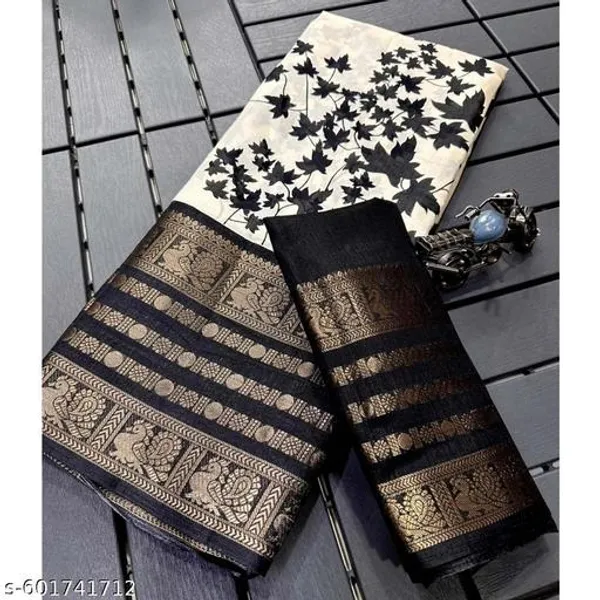 Multicolor_Soft_Silk_Blend_Floral_Printed_Saree_With_Zari_Jacquard_Border_Blouse_Black_White_Festive_Party_Wear_Saree_For_Women