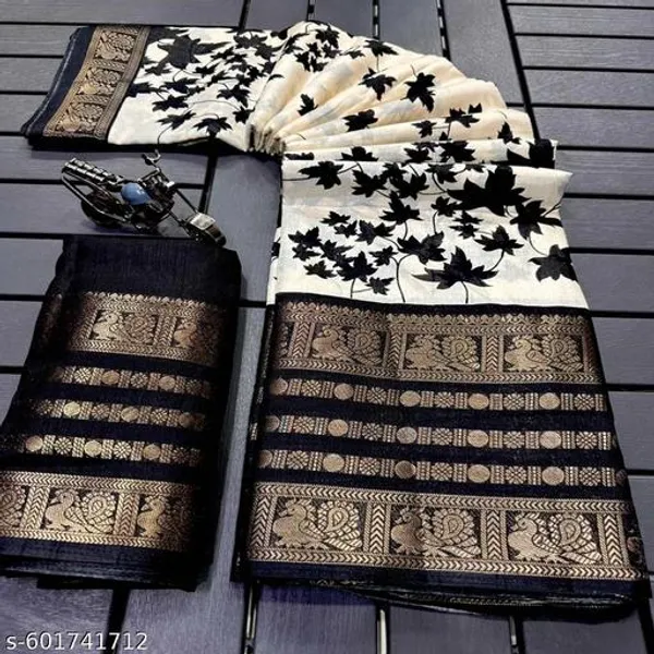 Multicolor_Soft_Silk_Blend_Floral_Printed_Saree_With_Zari_Jacquard_Border_Blouse_Black_White_Festive_Party_Wear_Saree_For_Women