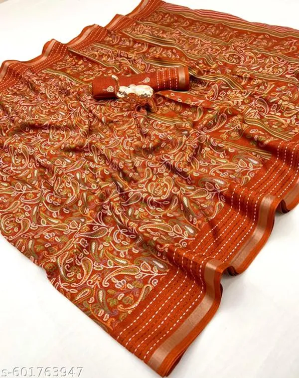 Orange_Cotton_Crepe_Printed_Saree_With_Kantha_Work_Zari_Border_Blouse_Rust_Color_Festive_Party_Wear_Saree_For_Women