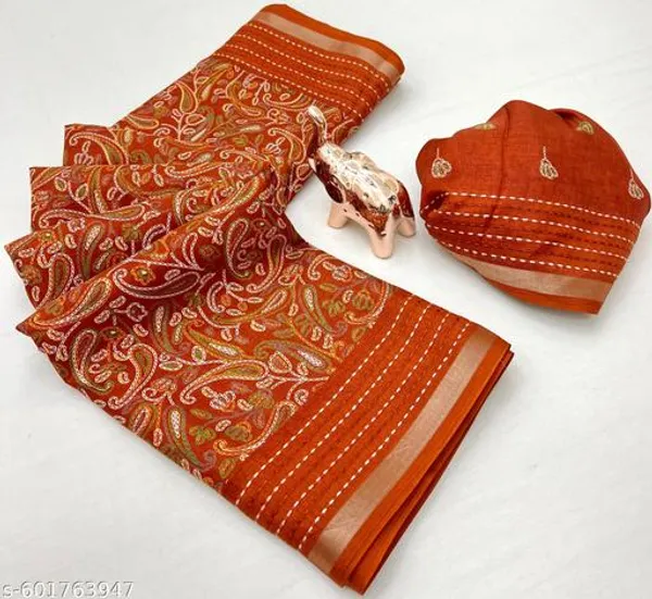 Orange_Cotton_Crepe_Printed_Saree_With_Kantha_Work_Zari_Border_Blouse_Rust_Color_Festive_Party_Wear_Saree_For_Women