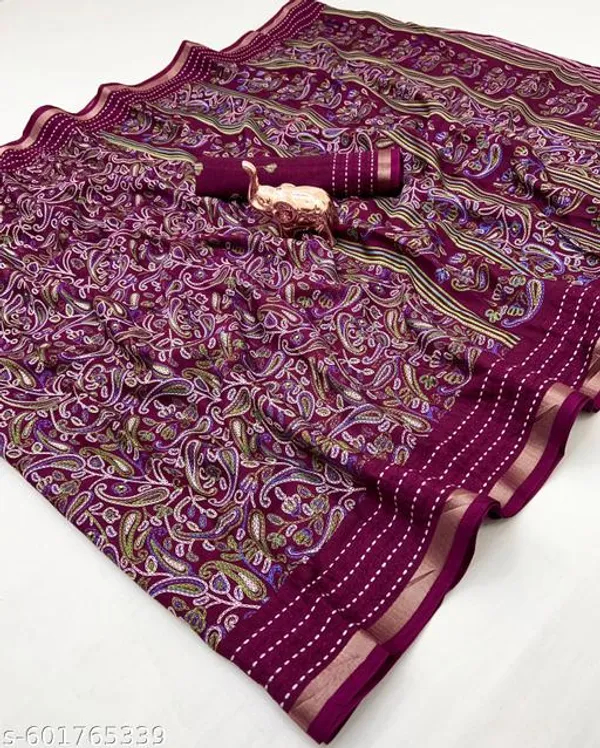 Multicolor_Cotton_Crepe_Paisley_Printed_Saree_With_Katha_Work_Zari_Border_Blouse_Maroon_Festive_Party_Wear_Saree_For_Women