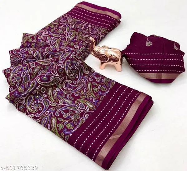 Multicolor_Cotton_Crepe_Paisley_Printed_Saree_With_Katha_Work_Zari_Border_Blouse_Maroon_Festive_Party_Wear_Saree_For_Women