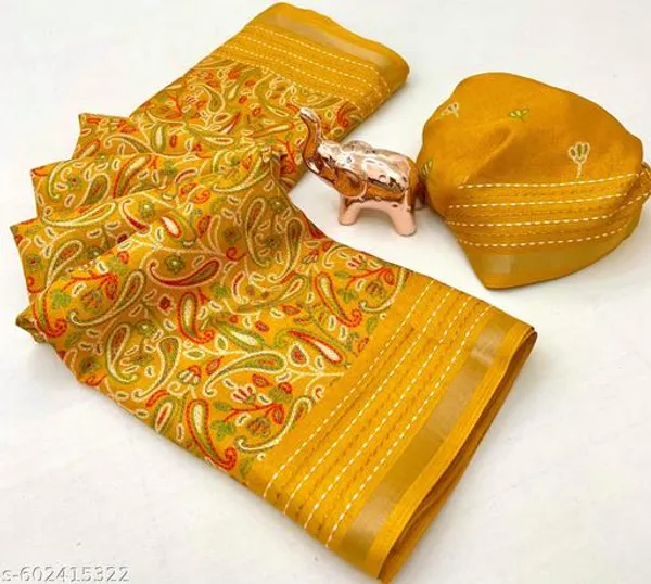 Yellow_Cotton_Crepe_Paisley_Printed_Saree_With_Katha_Work_Zari_Border_Blouse_Yellow_Festive_Party_Wear_Saree_For_Women