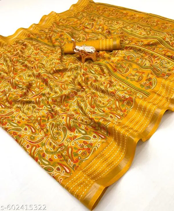 Yellow_Cotton_Crepe_Paisley_Printed_Saree_With_Katha_Work_Zari_Border_Blouse_Yellow_Festive_Party_Wear_Saree_For_Women