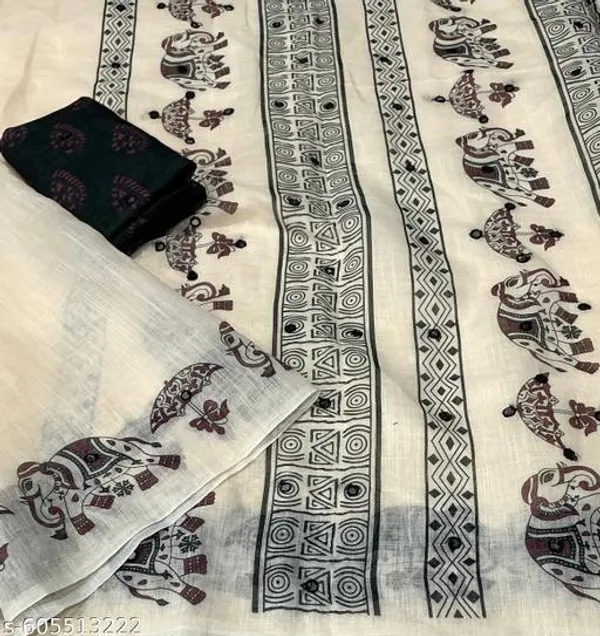 White_Soft_Linen_Cotton_Elephant_Printed_Saree_With_Aari_Mirror_Work_Contrast_Blouse_Lightweight_Daily_Office_Festive_Wear_Saree_For_Women
