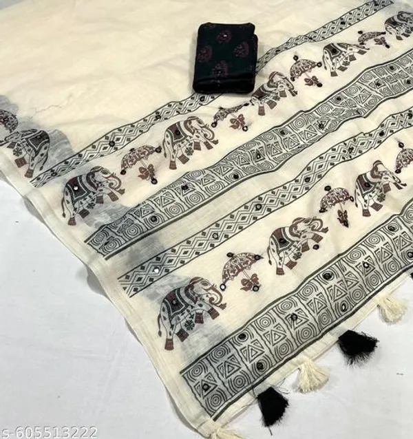 White_Soft_Linen_Cotton_Elephant_Printed_Saree_With_Aari_Mirror_Work_Contrast_Blouse_Lightweight_Daily_Office_Festive_Wear_Saree_For_Women