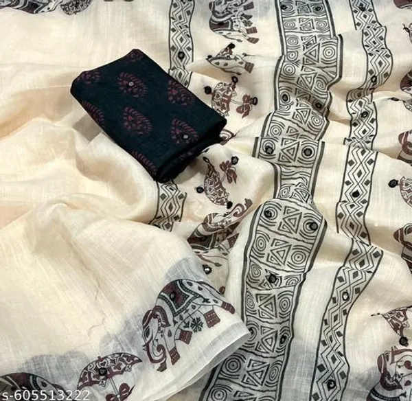 White_Soft_Linen_Cotton_Elephant_Printed_Saree_With_Aari_Mirror_Work_Contrast_Blouse_Lightweight_Daily_Office_Festive_Wear_Saree_For_Women
