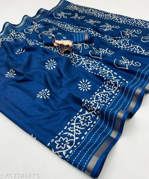 Blue_Binny_Crepe_Floral_Printed_Saree_With_Katha_Work_Zari_Border_Blouse_Blue_Daily_Office_Festive_Wear_Saree_For_Women