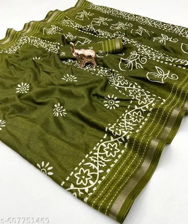 Green_Binny_Crepe_Floral_Printed_Saree_With_Katha_Work_Zari_Border_Blouse_Olive_Green_Daily_Festive_Party_Wear_Saree_For_Women