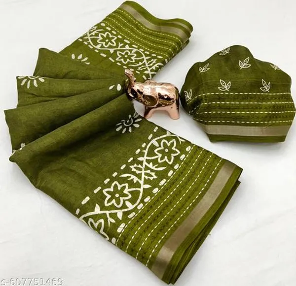 Green_Binny_Crepe_Floral_Printed_Saree_With_Katha_Work_Zari_Border_Blouse_Olive_Green_Daily_Festive_Party_Wear_Saree_For_Women