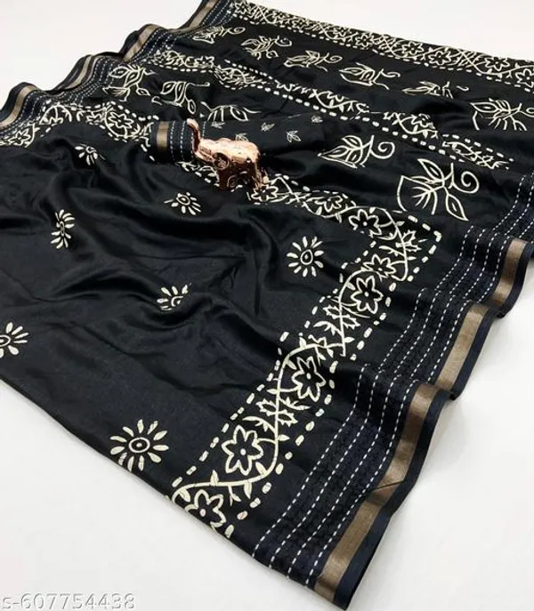 Green_Binny_Crepe_Floral_Printed_Saree_With_Katha_Work_Zari_Border_Blouse_Black_Daily_Office_Festive_Wear_Saree_For_Women