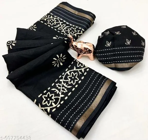 Green_Binny_Crepe_Floral_Printed_Saree_With_Katha_Work_Zari_Border_Blouse_Black_Daily_Office_Festive_Wear_Saree_For_Women