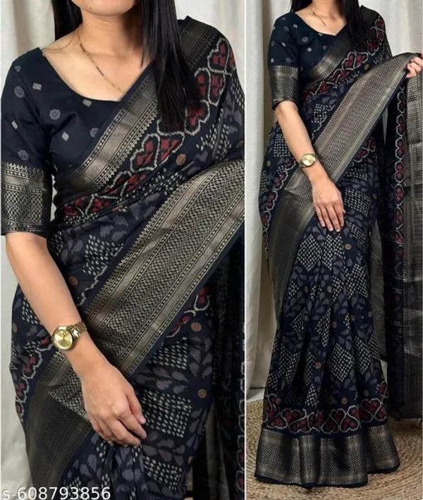 Black_Muslin_Soft_Cotton_Printed_Saree_With_Zari_Border_Tassel_Pallu_Blouse_Lightweight_Daily_Office_Festive_Wear_Saree_For_Women