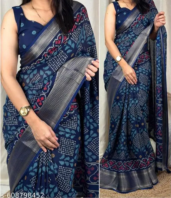 Blue_Muslin_Soft_Cotton_Printed_Saree_With_Zari_Border_Tassel_Pallu_Blouse_Lightweight_Daily_Office_Festive_Wear_Saree_For_Women