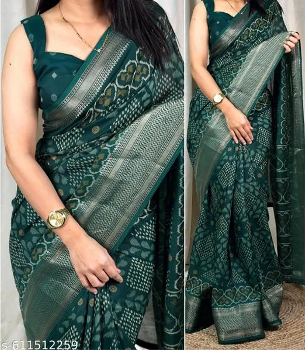 Green_Muslin_Soft_Cotton_Printed_Saree_With_Zari_Border_Tassel_Pallu_Blouse_Lightweight_Daily_Office_Festive_Wear_Saree_For_Women