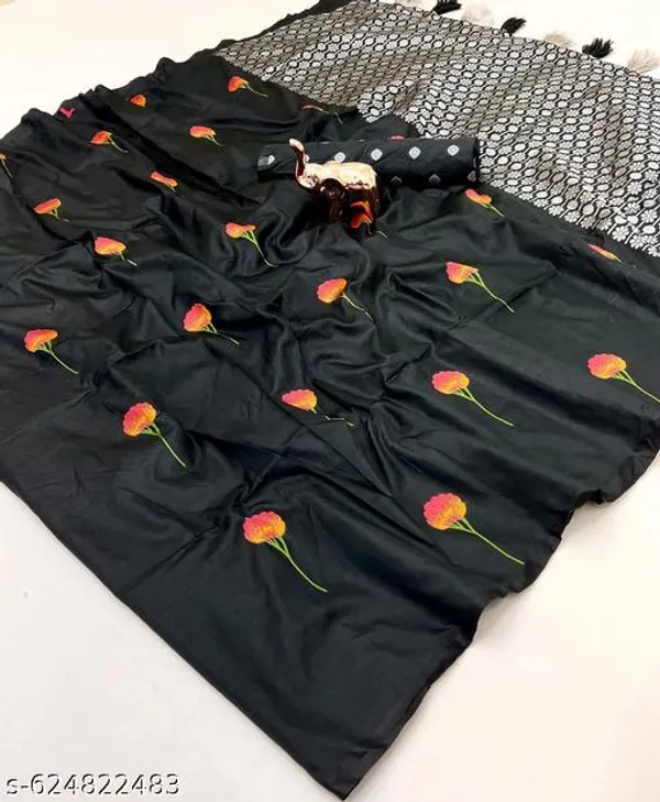 Black_Soft_Silk_Designer_Saree_With_Silver_Zari_Woven_Pallu_Rose_Design_Blouse_Lightweight_Party_Festive_Wedding_Wear_Saree_For_Women