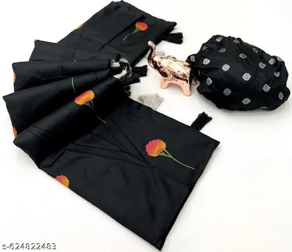Black_Soft_Silk_Designer_Saree_With_Silver_Zari_Woven_Pallu_Rose_Design_Blouse_Lightweight_Party_Festive_Wedding_Wear_Saree_For_Women