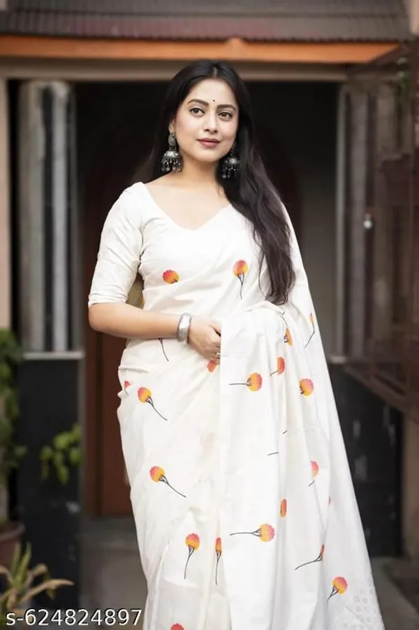 White_Designer_Saree_With_Floral_Embroidery_Jacquard_Border_Blouse_Lightweight_Daily_Festive_Party_Office_Wear_Saree_For_Women