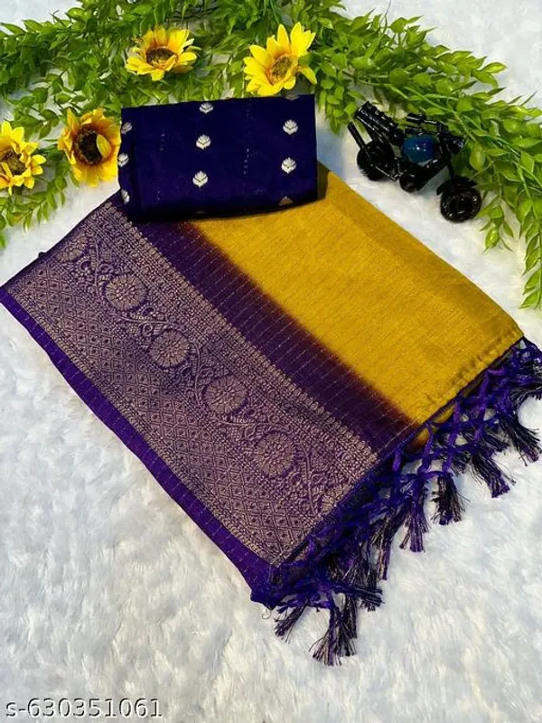 Yellow_Royal_Mustard_Purple_Soft_Dola_Silk_Saree_With_Heavy_Zari_Woven_Border_Contrast_Blouse_Lightweight_Festive_Office_Wedding_Wear_Saree_For_Women