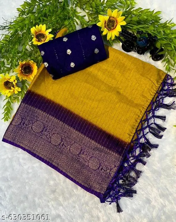 Yellow_Royal_Mustard_Purple_Soft_Dola_Silk_Saree_With_Heavy_Zari_Woven_Border_Contrast_Blouse_Lightweight_Festive_Office_Wedding_Wear_Saree_For_Women
