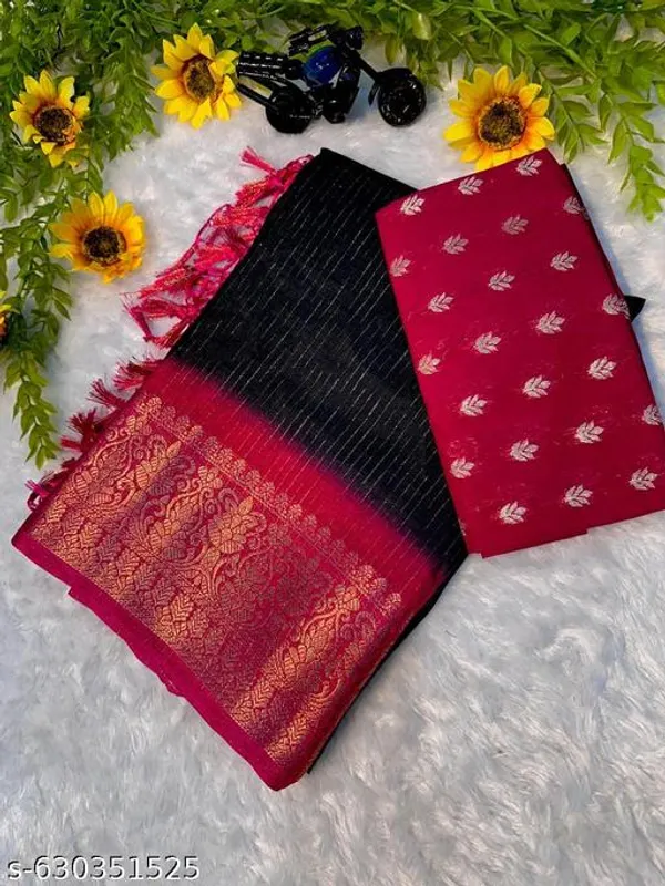 Black_And_Pink_Dola_Silk_Saree_For_Women_With_Golden_Zari_Border_Contrast_Designer_Blouse_Soft_Lightweight_Festive_Wedding_Wear_Saree_Party_Wear_Traditional_Silk_Saree