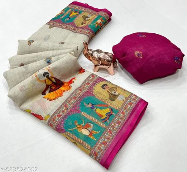 White_Traditional_Navratri_Linen_Saree_For_Women_Designer_Printed_Saree_With_Blouse_Soft_Linen_Daily_Festive_Wear_Saree_Lightweight_Garba_Saree_New_Arrival_Ethnic_Collection