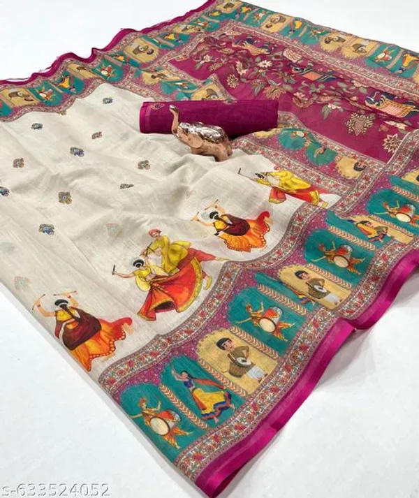 White_Traditional_Navratri_Linen_Saree_For_Women_Designer_Printed_Saree_With_Blouse_Soft_Linen_Daily_Festive_Wear_Saree_Lightweight_Garba_Saree_New_Arrival_Ethnic_Collection