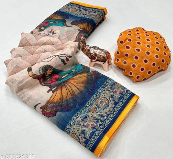 White_Traditional_Navratri_Linen_Saree_For_Women_Soft_Linen_Printed_Garba_Saree_With_Blouse_Lightweight_Ethnic_Saree_Festival_Special_Designer_Saree_New_Arrival_Navratri_Collection