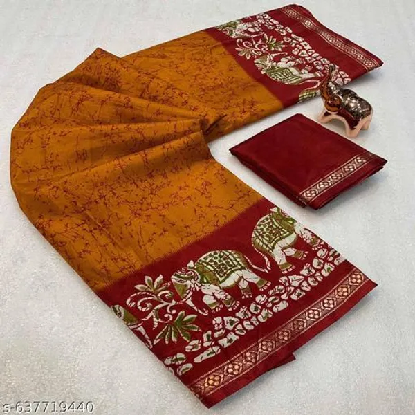 Mustard_Dolla_Silk_Kalamkari_Saree_With_Zari_Border_Printed_Blouse_Lightweight_Designer_Saree_For_Festive_Office_Daily_Wear_Premium_Traditional_Collection