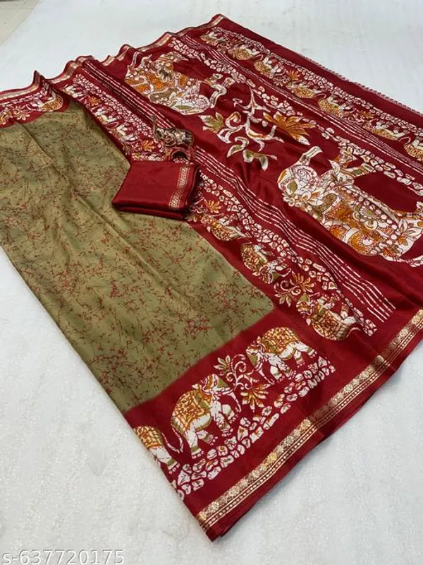 Green_Dolla_Silk_Kalamkari_Printed_Saree_With_Contrast_Border_Blouse