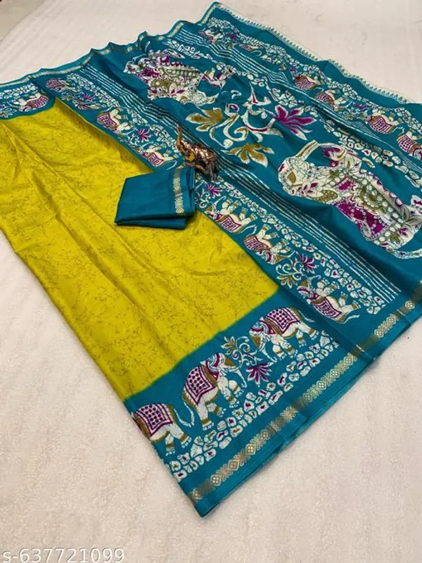 Yellow_Dolla_Silk_Kalamkari_Printed_Saree_With_Contrast_Teal_Border_Blouse
