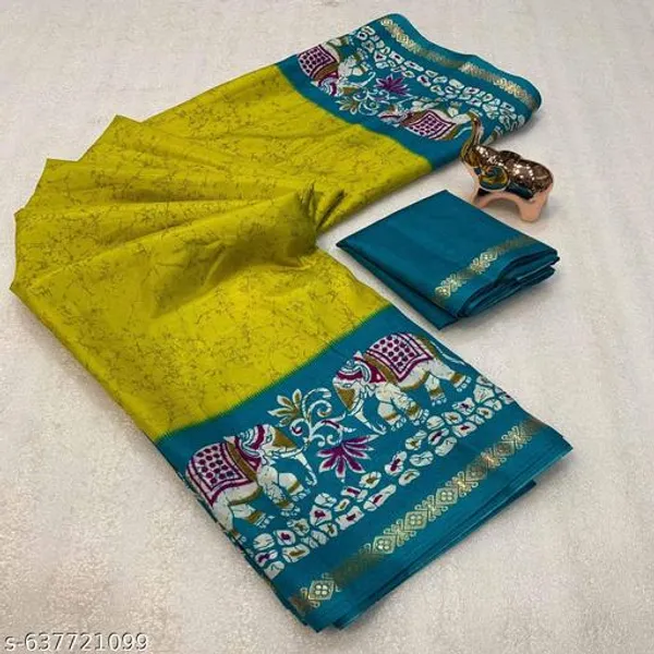 Yellow_Dolla_Silk_Kalamkari_Printed_Saree_With_Contrast_Teal_Border_Blouse