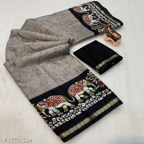 Grey_Dolla_Silk_Kalamkari_Printed_Saree_With_Contrast_Black_Border_Blouse