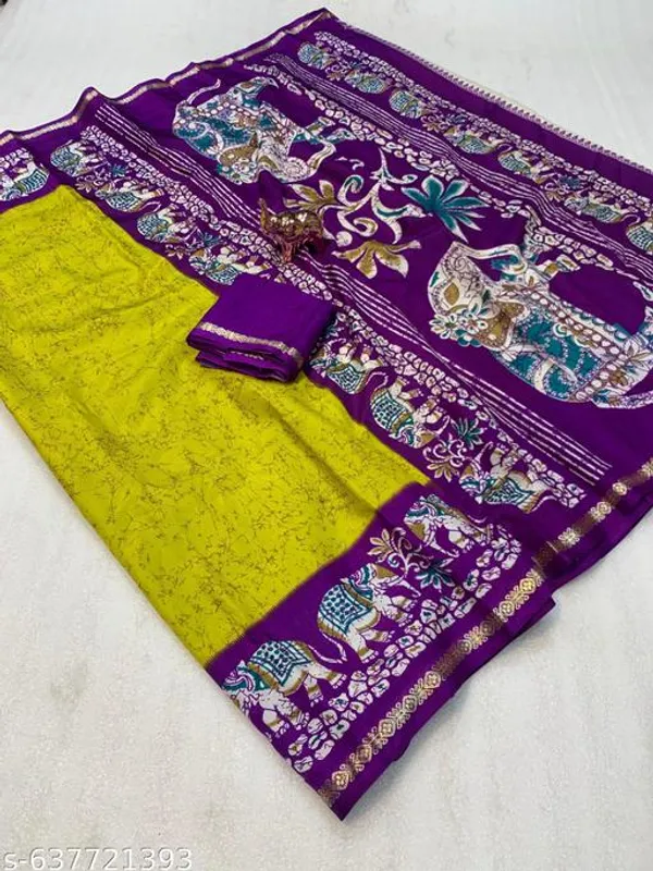 Green_Dolla_Silk_Kalamkari_Printed_Saree_With_Contrast_Purple_Border_Blouse