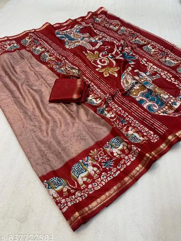 Multicolor_Dolla_Silk_Kalamkari_Printed_Saree_With_Contrast_Rust_Brown_Border_Blouse