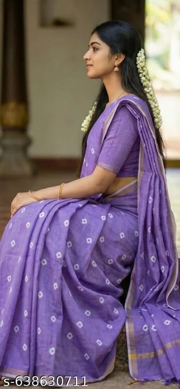Purple_Soft_Linen_Cotton_Saree_For_Women_With_Small_Printed_Motifs_Contrast_Border_Comfortable_Daily_Occasional_Wear_Saree_With_Blouse