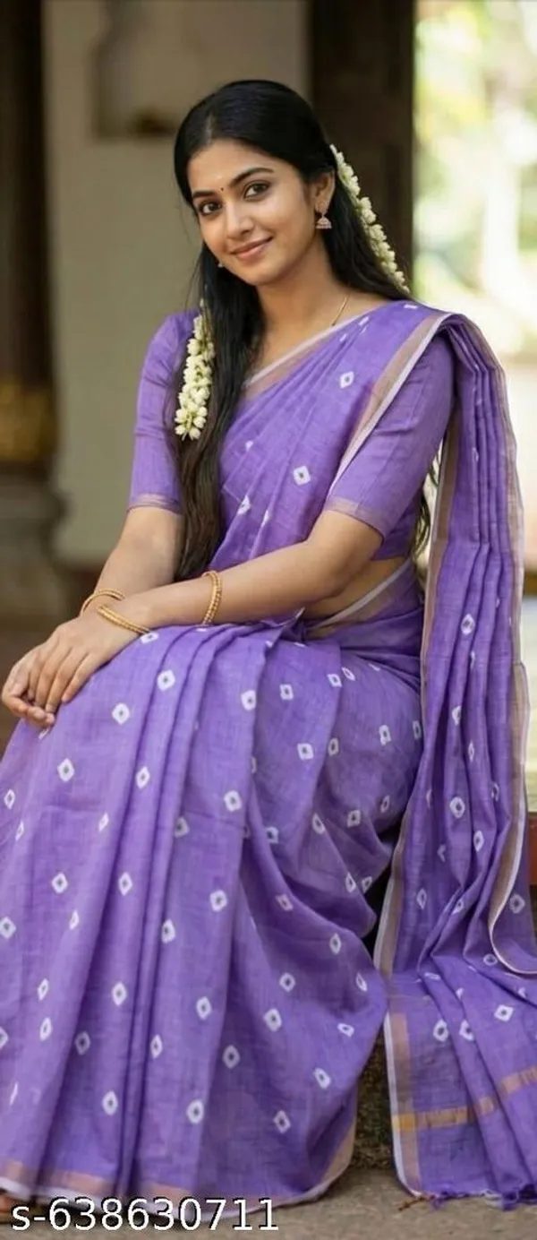 Purple_Soft_Linen_Cotton_Saree_For_Women_With_Small_Printed_Motifs_Contrast_Border_Comfortable_Daily_Occasional_Wear_Saree_With_Blouse