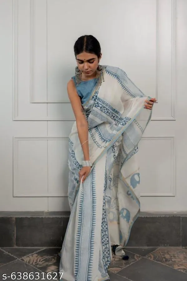 White_Linen_Cotton_Printed_Saree_For_Women_With_Blue_Design_Contrast_Border_Soft_And_Comfortable_Daily_Occasional_Wear_Saree