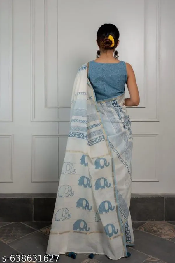White_Linen_Cotton_Printed_Saree_For_Women_With_Blue_Design_Contrast_Border_Soft_And_Comfortable_Daily_Occasional_Wear_Saree