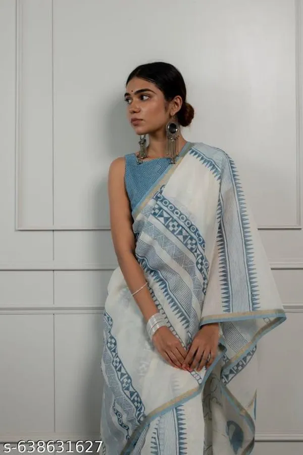White_Linen_Cotton_Printed_Saree_For_Women_With_Blue_Design_Contrast_Border_Soft_And_Comfortable_Daily_Occasional_Wear_Saree
