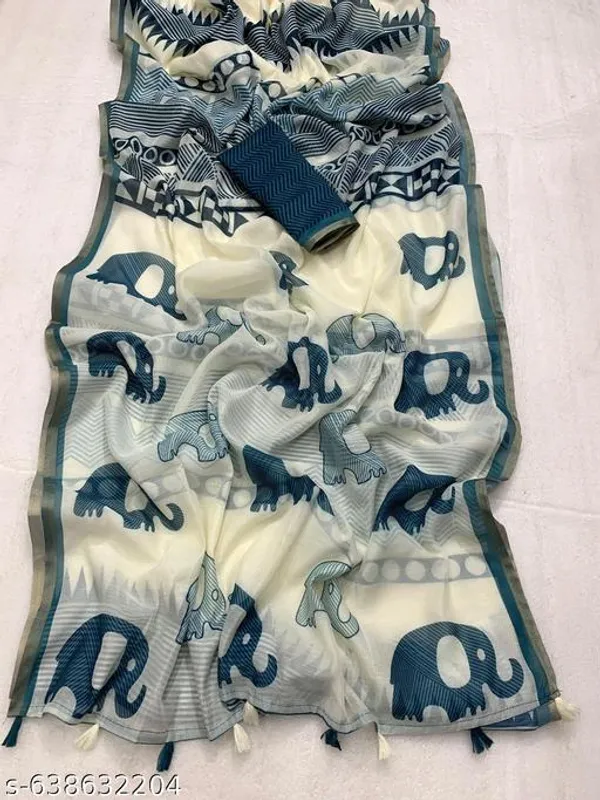 White_Linen_Cotton_Printed_Saree_For_Women_In_White_Navy_With_Contrast_Border_Soft_Lightweight_Saree_With_Blouse_Piece