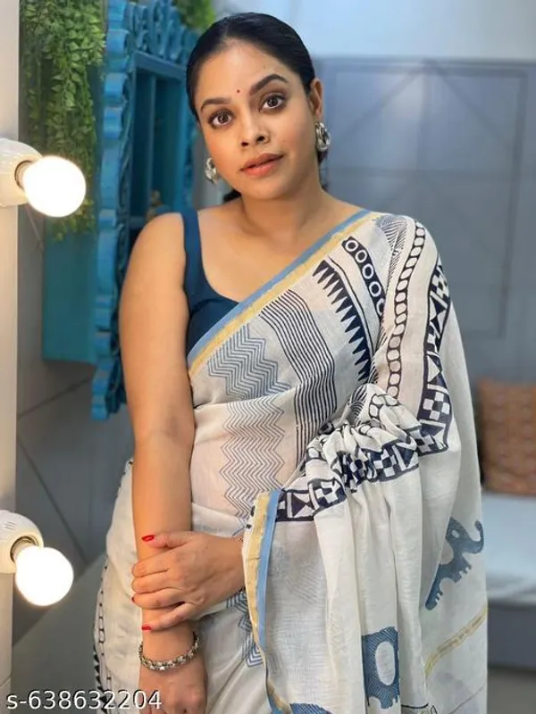 White_Linen_Cotton_Printed_Saree_For_Women_In_White_Navy_With_Contrast_Border_Soft_Lightweight_Saree_With_Blouse_Piece